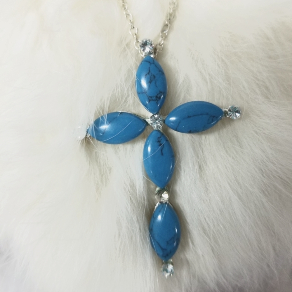 Faux turquoise and rhinestone cross pendant necklace
